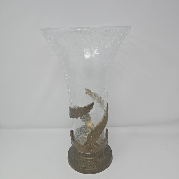 Vintage Art Nouveau Hand Blown Glass Vase w/ Ornate Brass Base 15 X 8.5